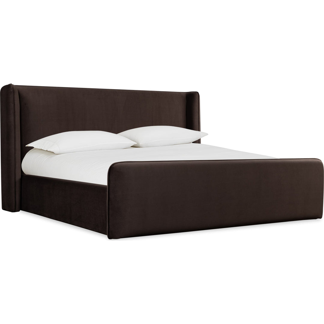 Bacall Velvet Upholstered Wingback Platform Bed in Cola — white background, angled view from the foot