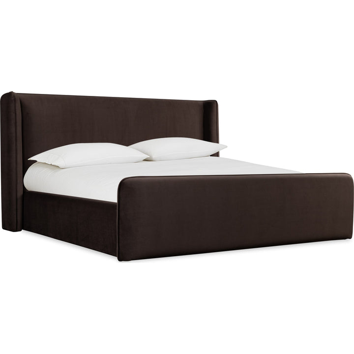 Bacall Velvet Upholstered Wingback Platform Bed in Cola — white background, angled view from the foot