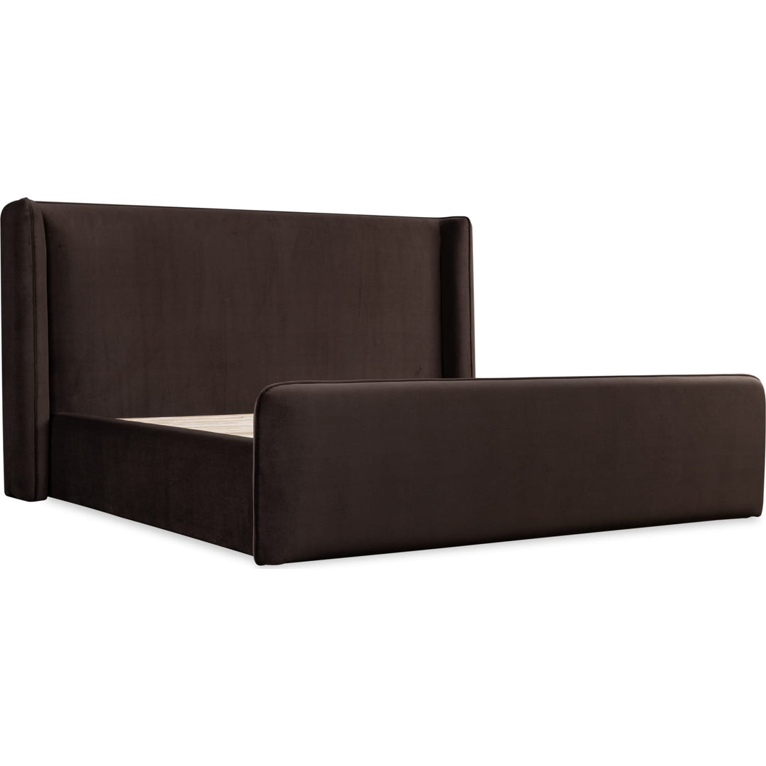 Bacall Velvet Upholstered Wingback Platform Bed in Cola — angled view without bedding