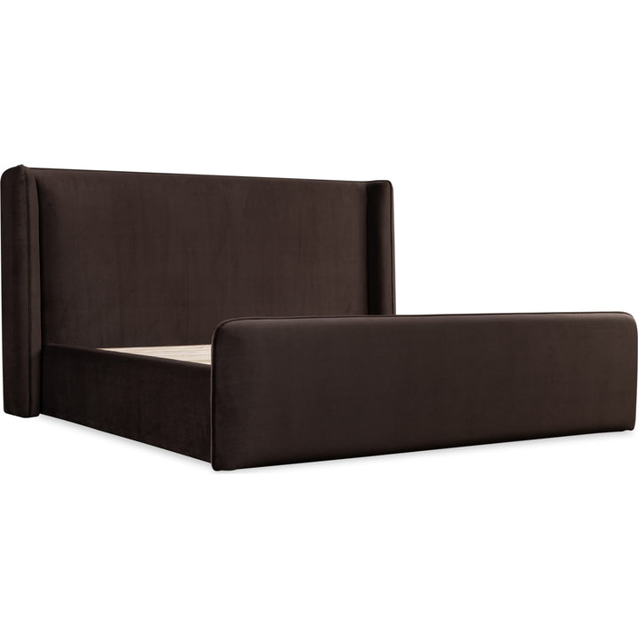 Bacall Velvet Upholstered Wingback Platform Bed in Cola — angled view without bedding