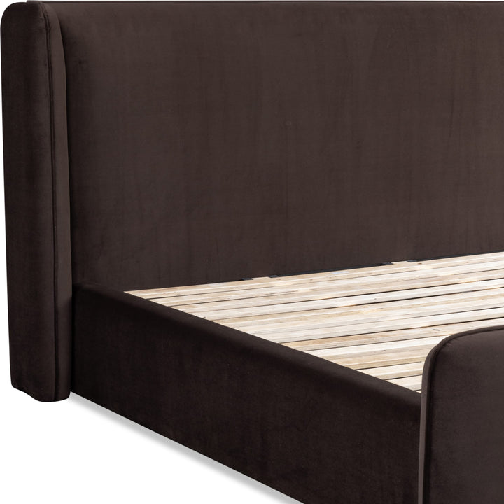 Bacall Velvet Upholstered Wingback Platform Bed in Cola — close-up of the wing and slat platform