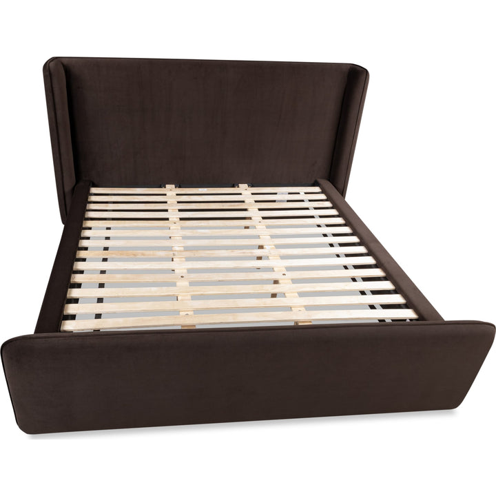 Bacall Velvet Upholstered Wingback Platform Bed in Cola — overhead view of the slat platform