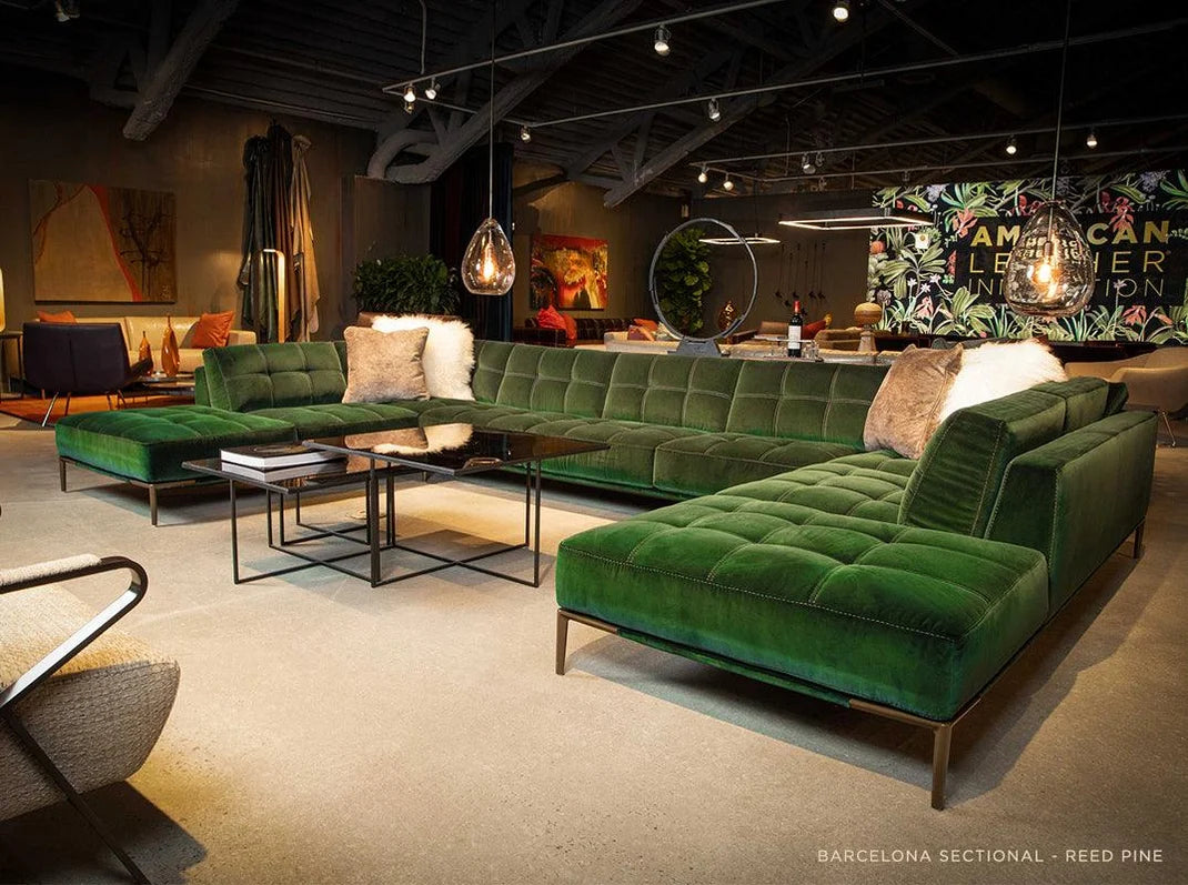 Green Barcelona sectional displayed inside the Modern Studio furniture showroom