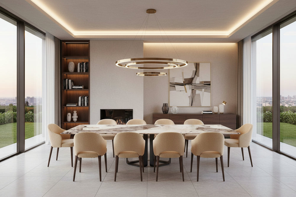 A rectangular dining table with a polished white marble top featuring brown and gray veining, supported by a modern black metal geometric base, shown on a white background.