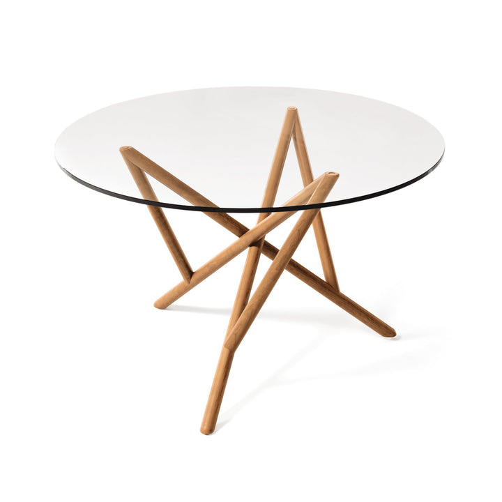 Baton Round Glass Top Table in natural cherry on a white background