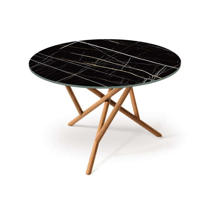 Baton Round Stone Table in natural cherry with Sahara Noir top