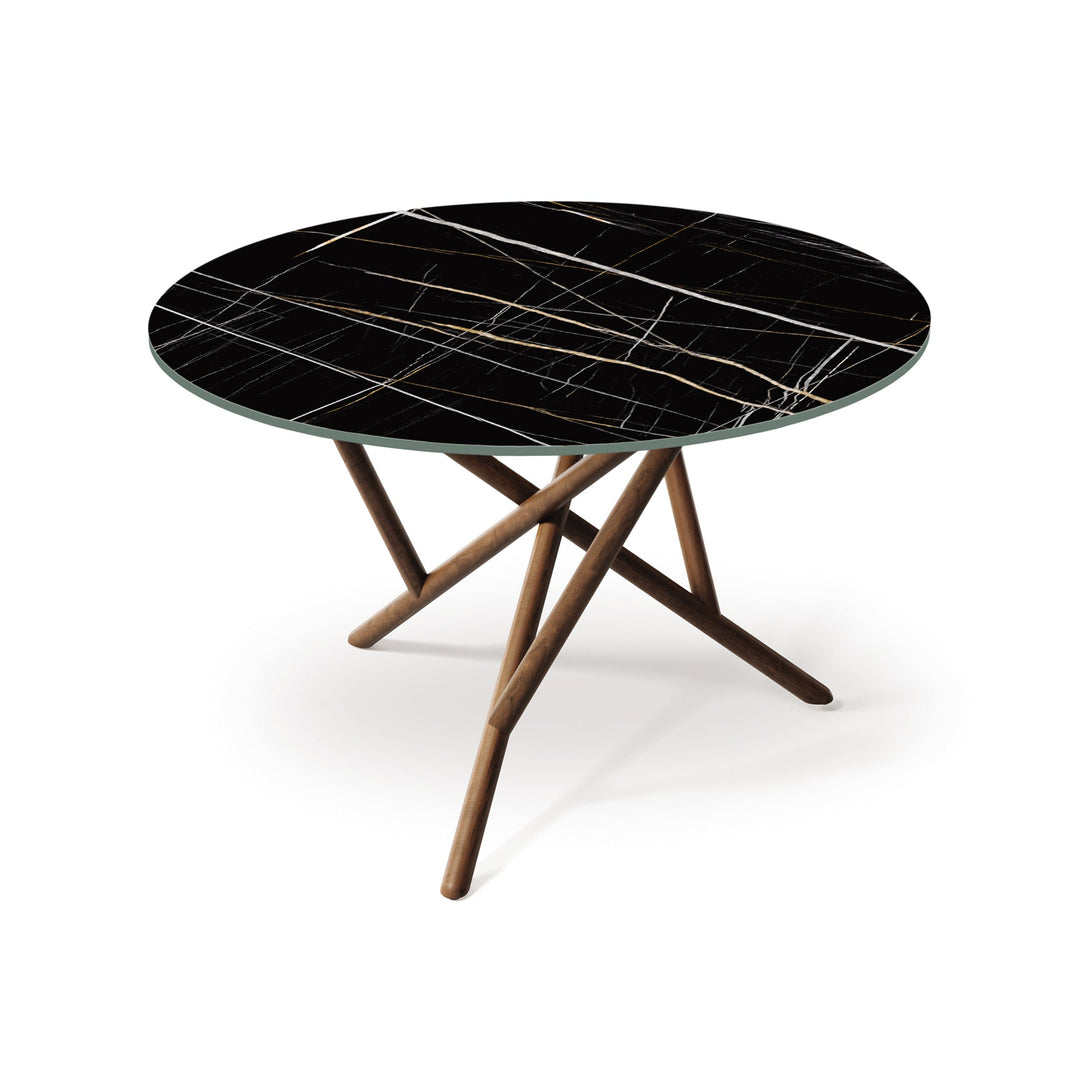 Baton Round Stone Table in natural walnut with Sahara Noir top