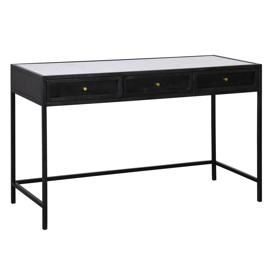 Alena Marble Desk, White Marble, three-quarter studio view