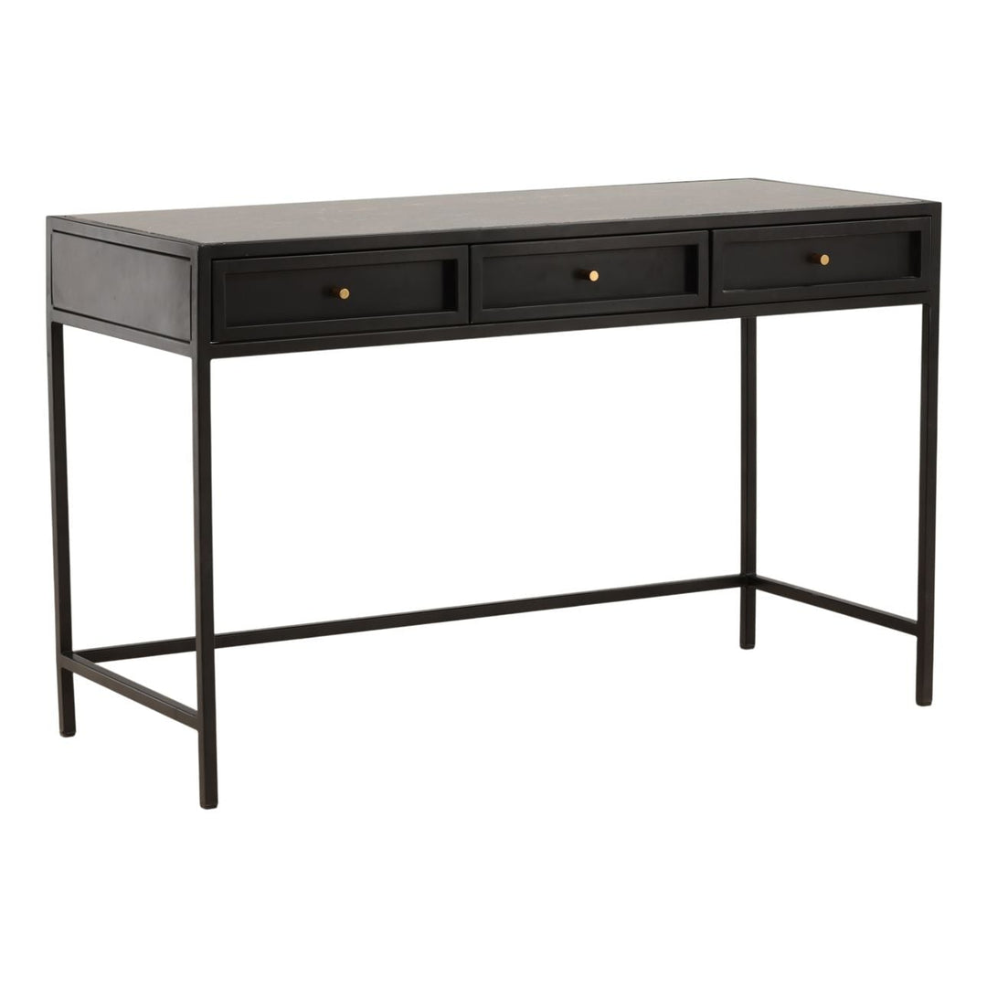 Alena Marble Desk, Brown and Green Marble, three-quarter studio view