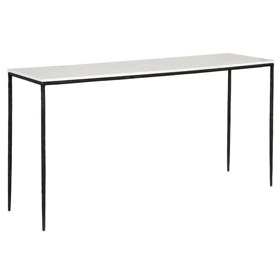 Perla Marble and Iron Console Table, White Marble · Black Iron, three-quarter studio view