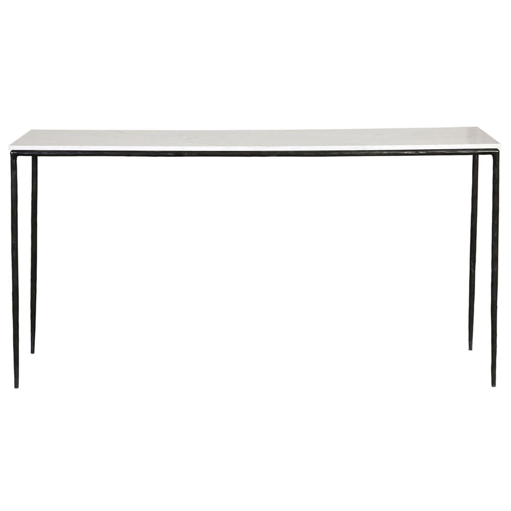 Perla Marble and Iron Console Table, White Marble · Black Iron, front view
