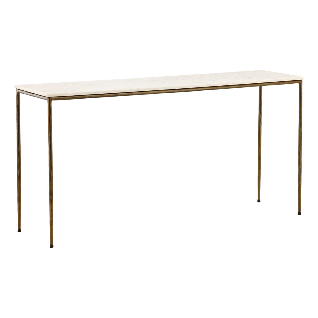 Perla Marble and Iron Console Table, White Marble · Antique Brass, three-quarter studio view