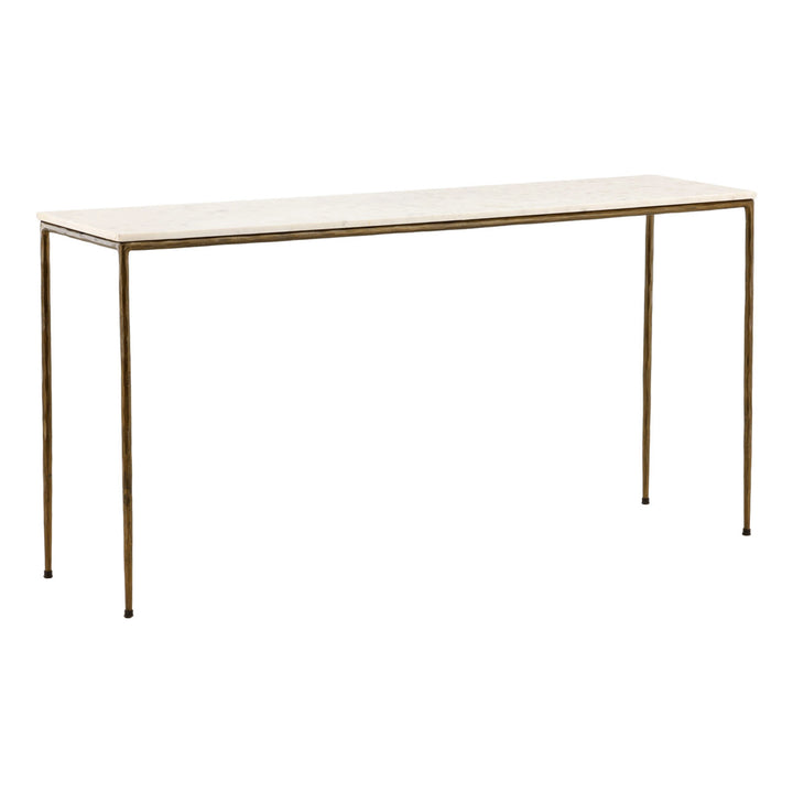 Perla Marble and Iron Console Table, White Marble · Antique Brass, three-quarter studio view