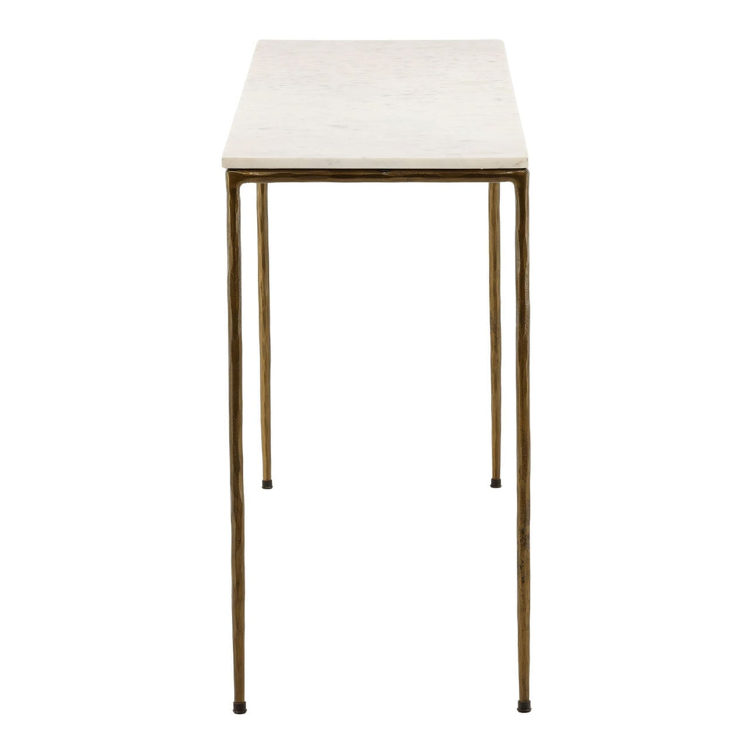 Perla Marble and Iron Console Table, White Marble · Antique Brass, profile view