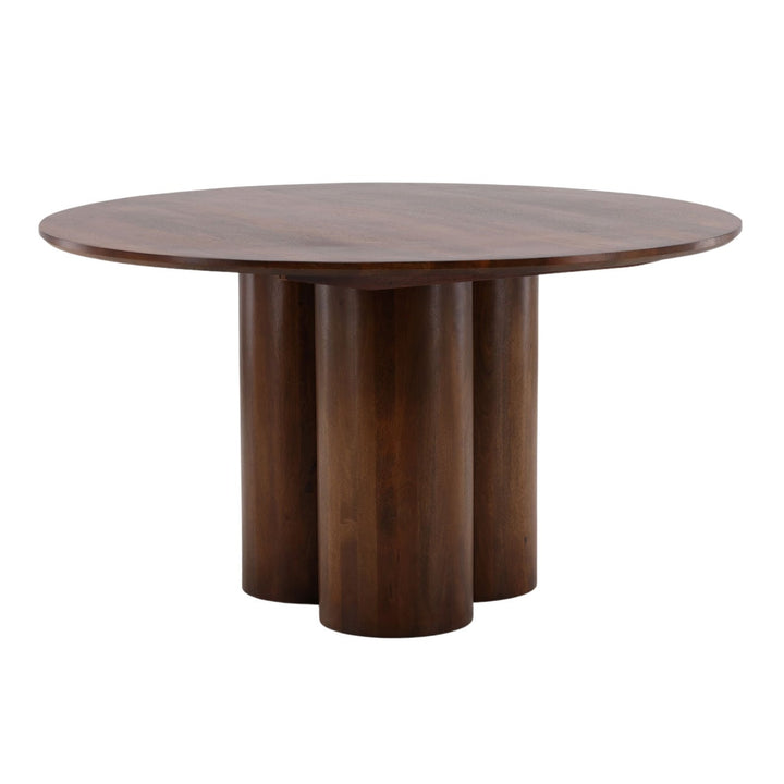 Hugo Mango Wood Round Dining Table, three-quarter studio view
