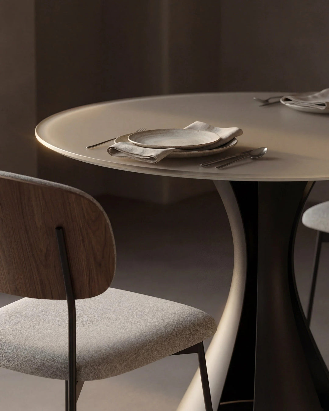 Bloom 7720 48" Round Dining Table in Oyster / Black, table setting with a Cove chair
