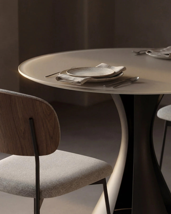 Bloom 7720 48" Round Dining Table in Oyster / Black, table setting with a Cove chair