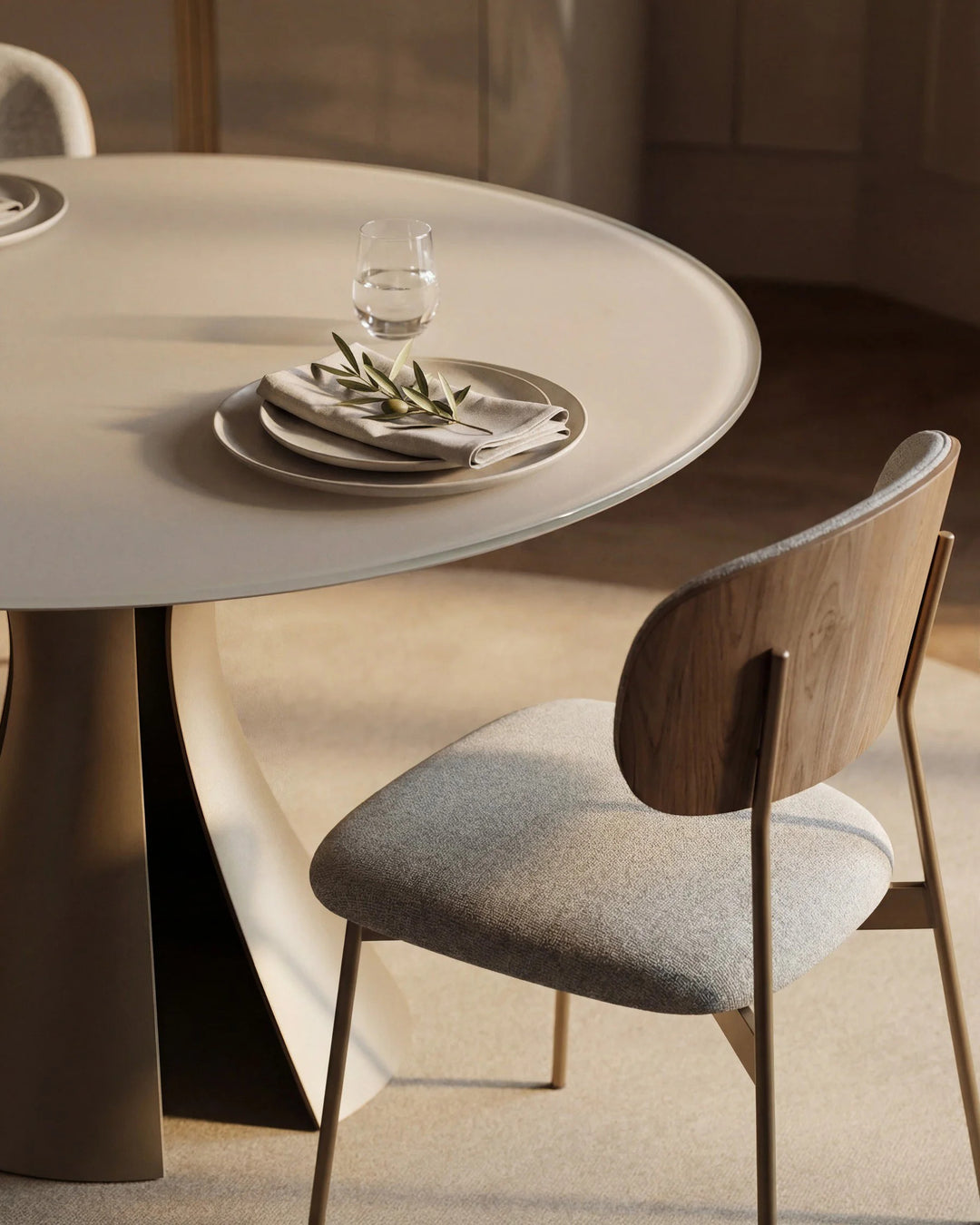 Bloom 7720 48" Round Dining Table in Oyster / Bronze, table setting with a Cove chair