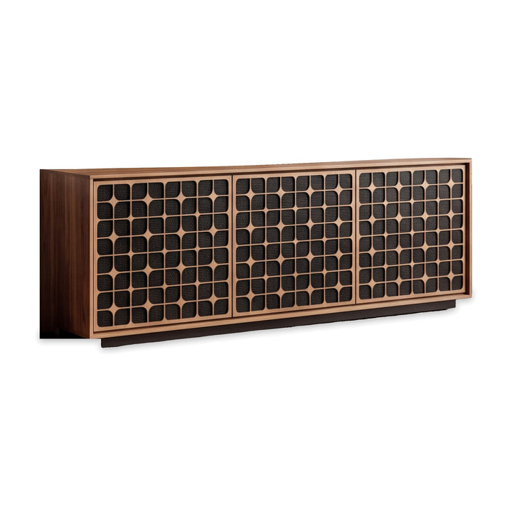 Elements 8702 Constellation media cabinet with rolling plinth base in Natural Walnut on white