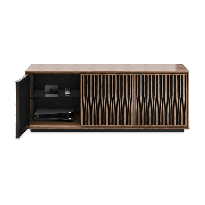 Elements 8702 Tune media cabinet with rolling plinth base in Natural Walnut on white