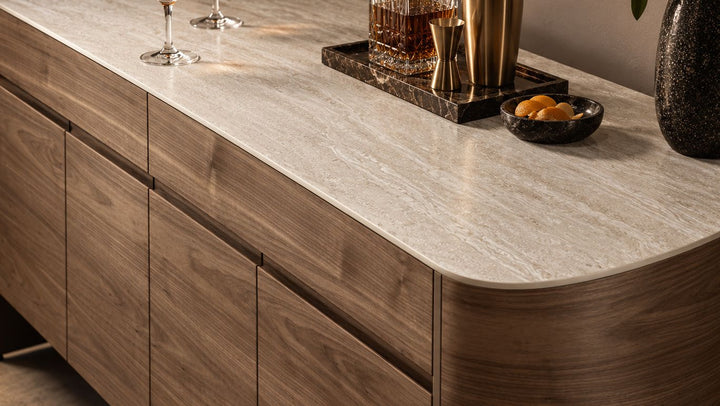 Elio 7679 Sideboard Ivory Travertine top and Natural Walnut front, close-up