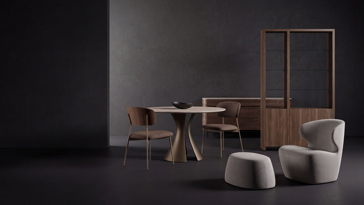 BDI Fall 2026 collection: Mello lounge chair, Plush pouf, Bloom table with Cove chairs, Elio sideboard and Studio shelving