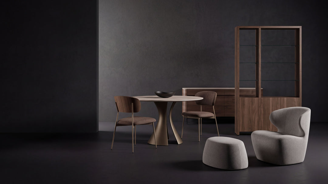 BDI Fall 2026 collection: Mello lounge chair, Plush pouf, Bloom table with Cove chairs, Elio sideboard and Studio shelving