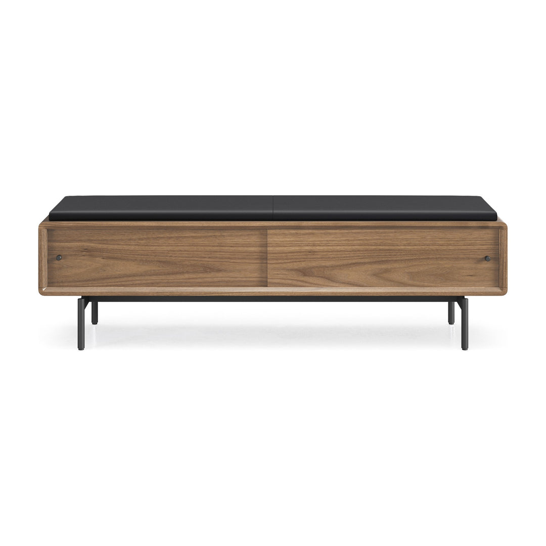 LINQ 9102 Storage Bench in Natural Walnut with Pepper leather cushion, front view