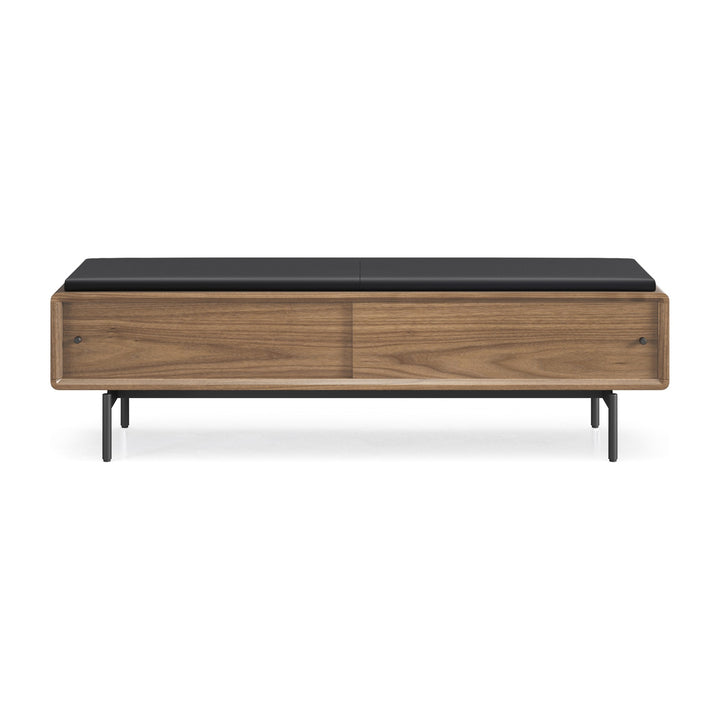 LINQ 9102 Storage Bench in Natural Walnut with Pepper leather cushion, front view