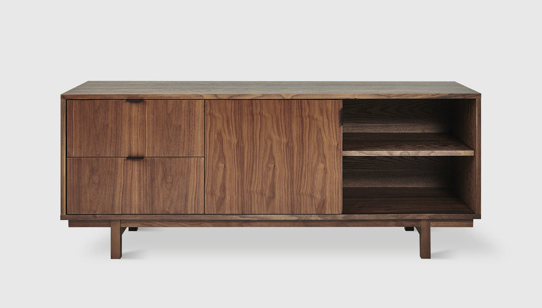 Belmont Media Stand with sliding door and drawers open