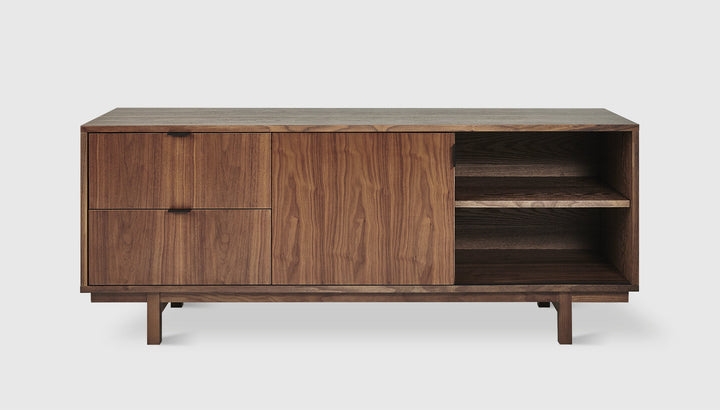 Belmont Media Stand with sliding door and drawers open