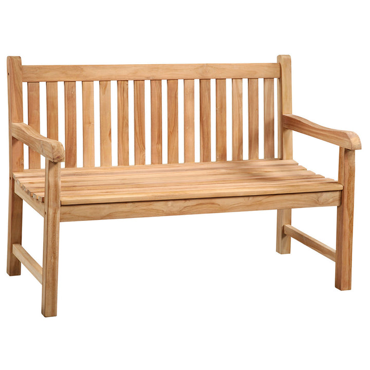 Weston Outdoor Teak Bench, three-quarter studio view