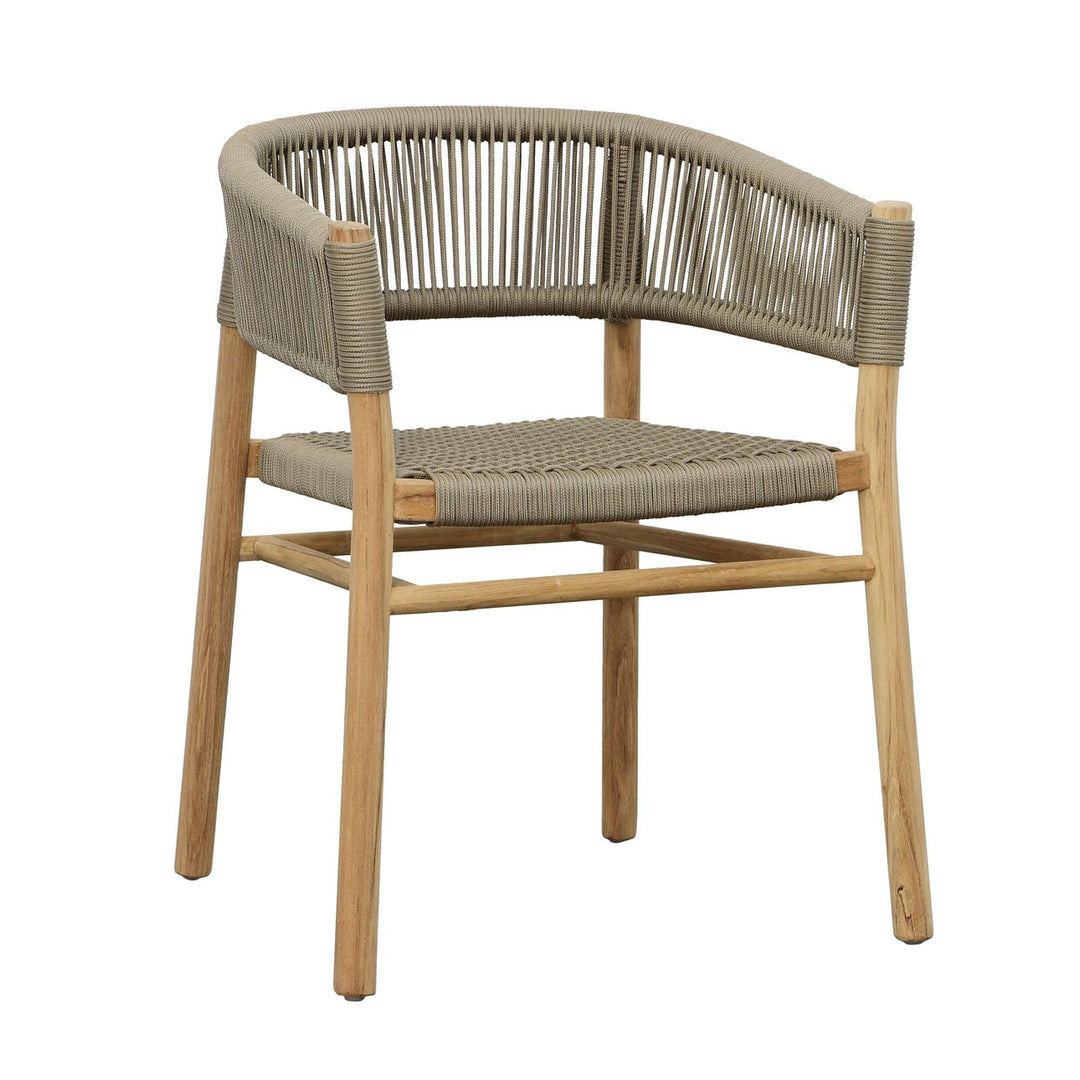 Bettine Taupe Rope and Teak Outdoor Dining Chair, three-quarter studio view