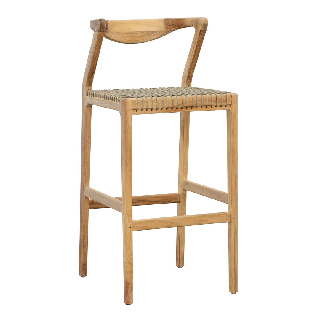 Roslen Rope Teak Outdoor Bar Stool, three-quarter studio view