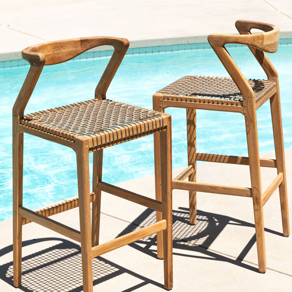 Roslen Rope Teak Outdoor Bar Stool, lifestyle view