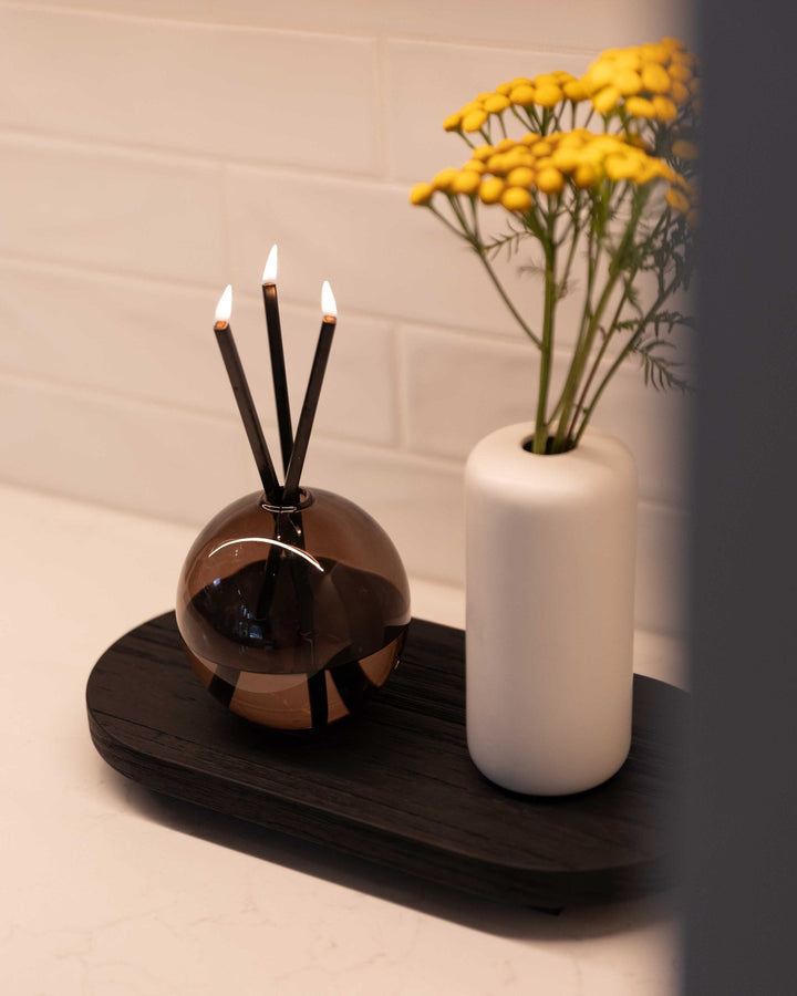 Black Burnt Wood Tray amber vase