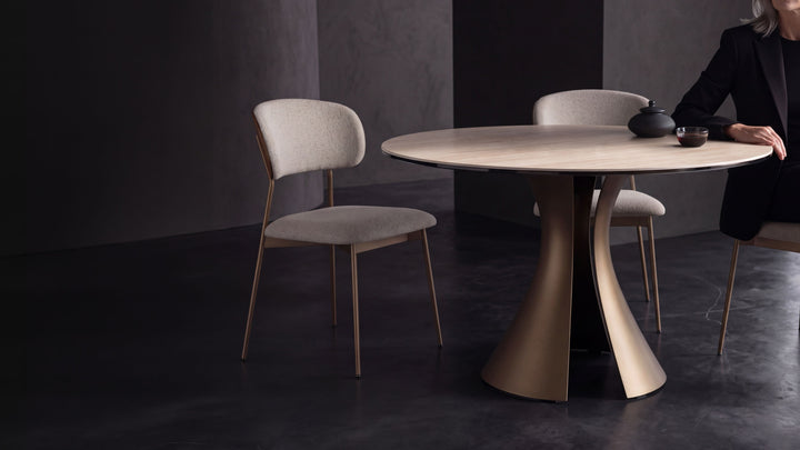 Bloom 7722 60" Round Dining Table in Sand Travertine / Bronze lifestyle