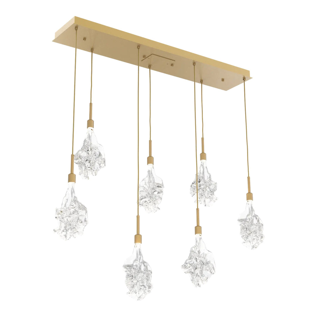 Blossom Linear Pendant Chandelier by Hammerton Studio in Gilded Brass with Clear Blossom glass (7 Lights)
