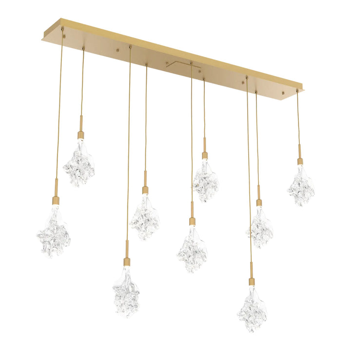 Blossom Linear Pendant Chandelier by Hammerton Studio in Gilded Brass with Clear Blossom glass (9 Lights)