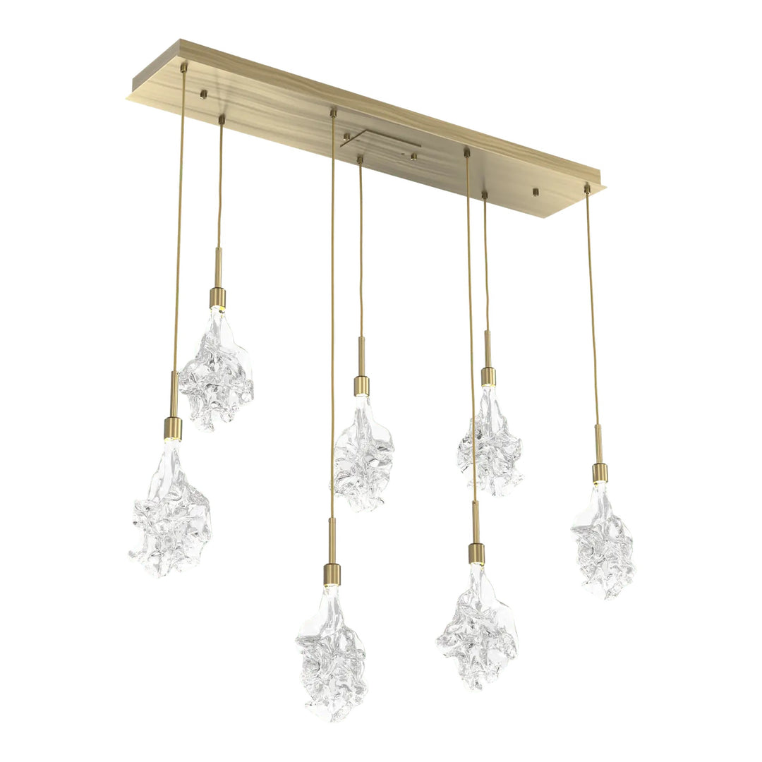 Blossom Linear Pendant Chandelier by Hammerton Studio in Heritage Brass with Clear Blossom glass (7 Lights)
