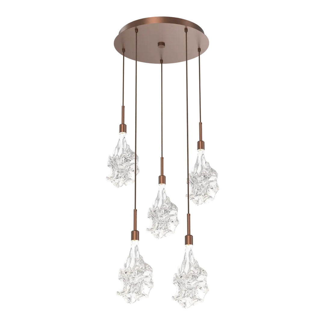 Blossom Round Pendant Chandelier by Hammerton Studio in Burnished Bronze with Clear Blossom glass on adjustable cord (5 Lights)