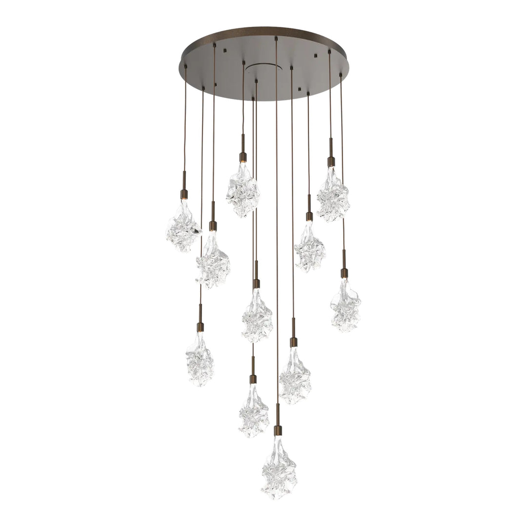Blossom Round Pendant Chandelier by Hammerton Studio in Flat Bronze with Clear Blossom glass on adjustable cord (11 Lights)