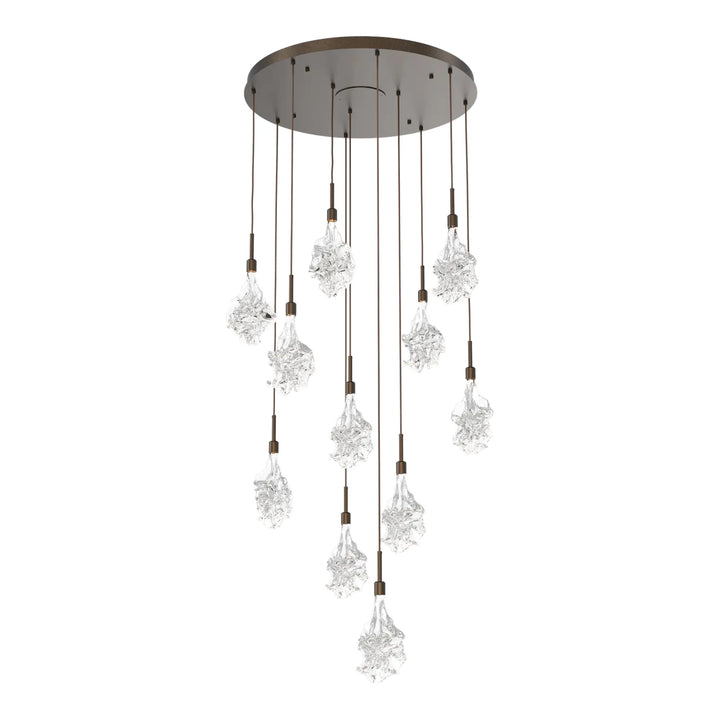 Blossom Round Pendant Chandelier by Hammerton Studio in Flat Bronze with Clear Blossom glass on adjustable cord (11 Lights)