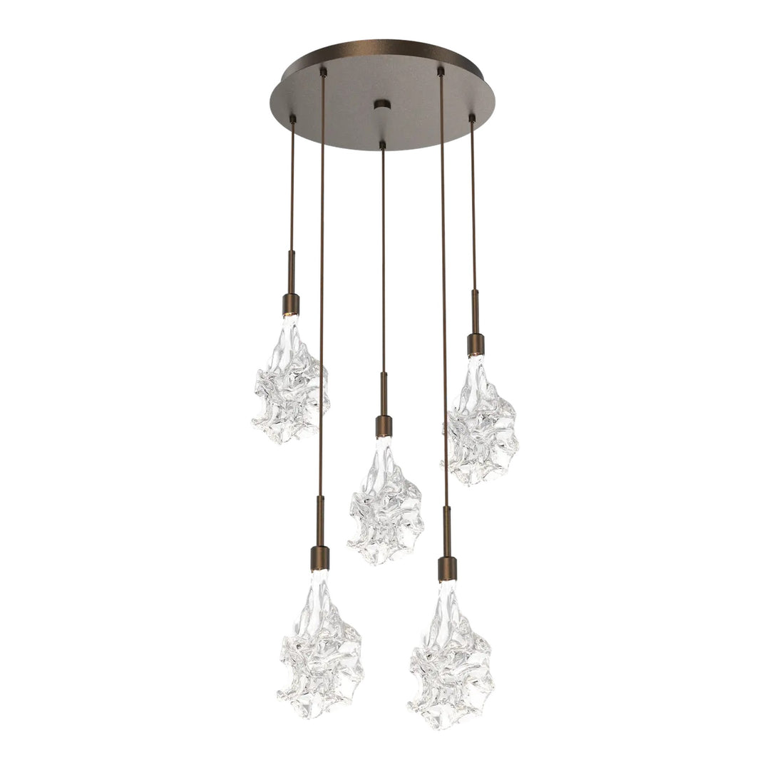 Blossom Round Pendant Chandelier by Hammerton Studio in Flat Bronze with Clear Blossom glass on adjustable cord (5 Lights)