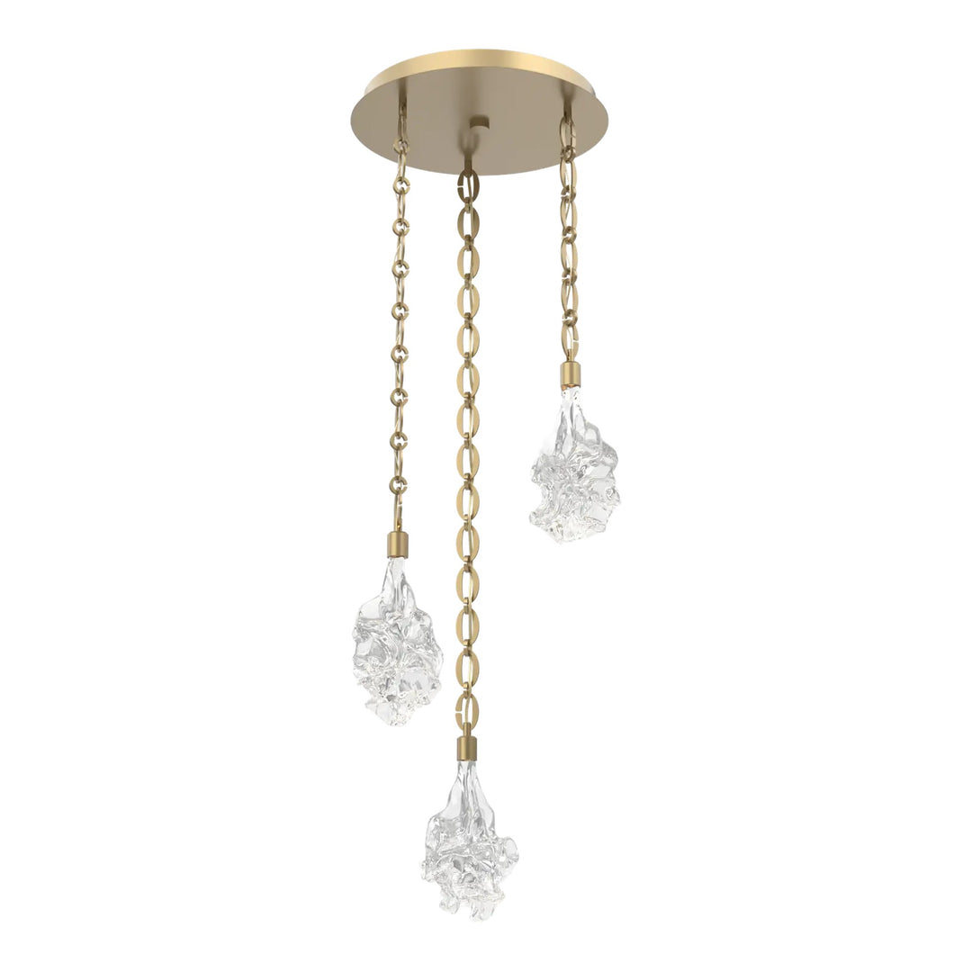Blossom Round Pendant Chandelier by Hammerton Studio in Gilded Brass with Clear Blossom glass on Diamond Chain (3 Lights)