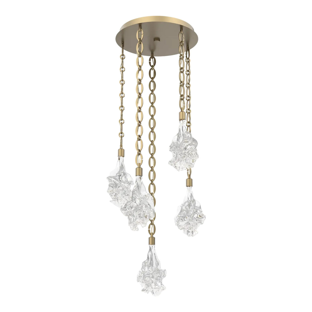 Blossom Round Pendant Chandelier by Hammerton Studio in Gilded Brass with Clear Blossom glass on Diamond Chain (5 Lights)