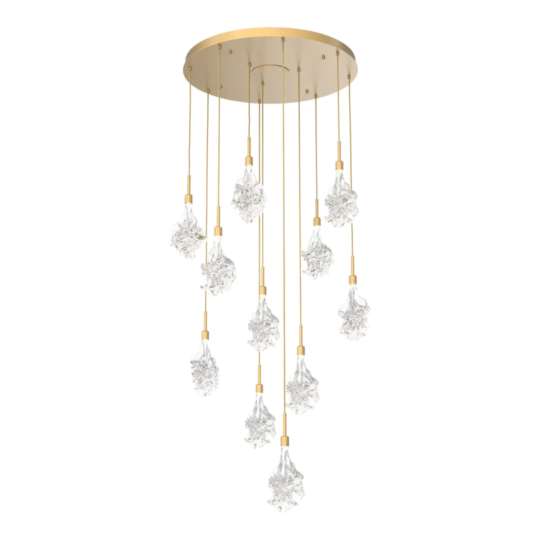 Blossom Round Pendant Chandelier by Hammerton Studio in Gilded Brass with Clear Blossom glass on adjustable cord (11 Lights)