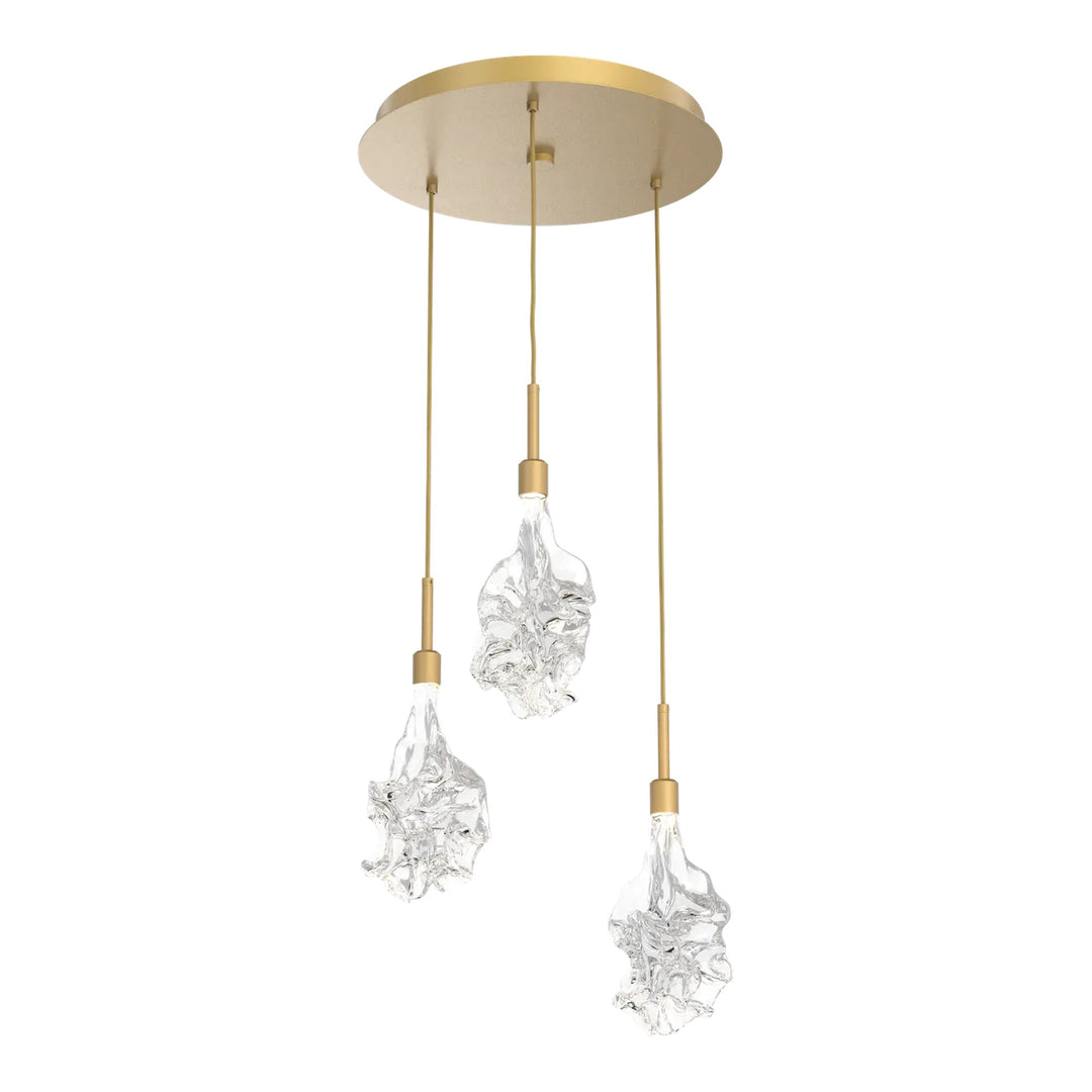 Blossom Round Pendant Chandelier by Hammerton Studio in Gilded Brass with Clear Blossom glass on adjustable cord (3 Lights)