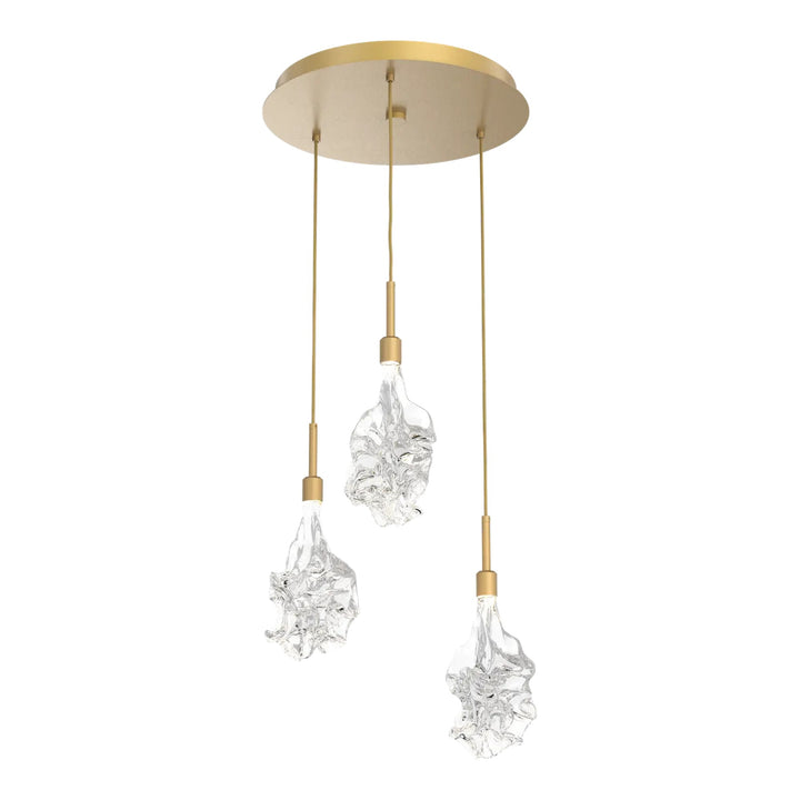 Blossom Round Pendant Chandelier by Hammerton Studio in Gilded Brass with Clear Blossom glass on adjustable cord (3 Lights)