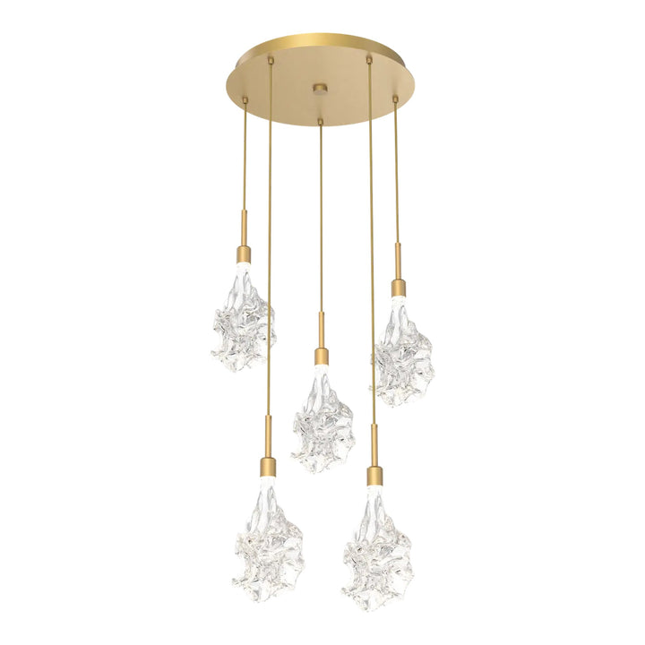 Blossom Round Pendant Chandelier by Hammerton Studio in Gilded Brass with Clear Blossom glass on adjustable cord (5 Lights)